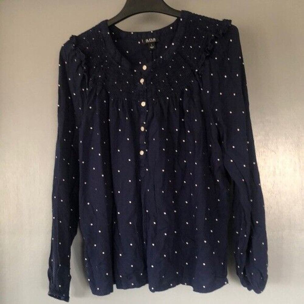 a.n.a. Women's LARGE Navy Shirred SMOCKED Bodice Peasant TOP Long Sleeved